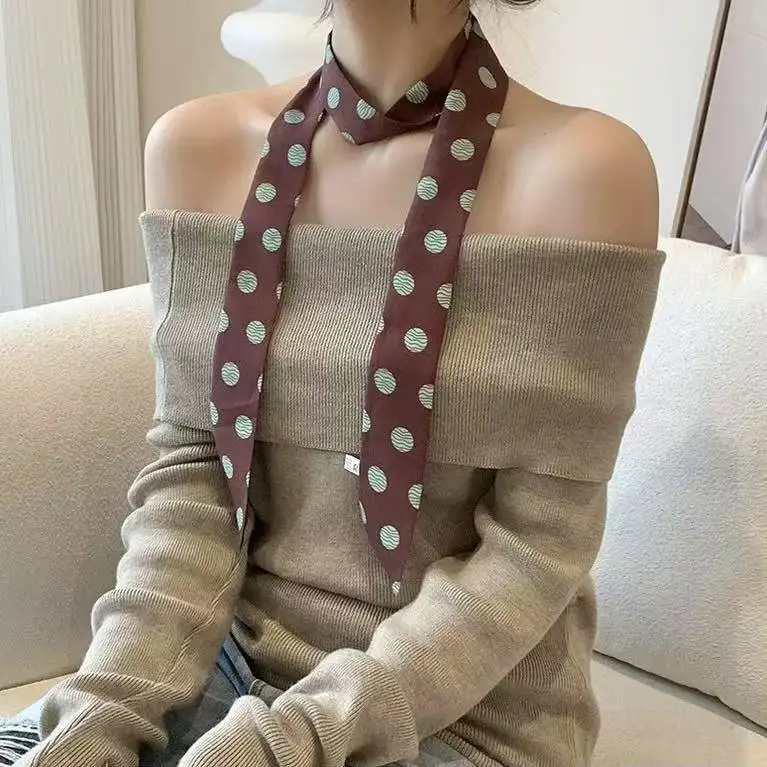

Polka Dot Striped Silk Scarf Slim Long Neck Scarf Versatile and Elegant Ribbon Headpiece for Women Birthday Gift