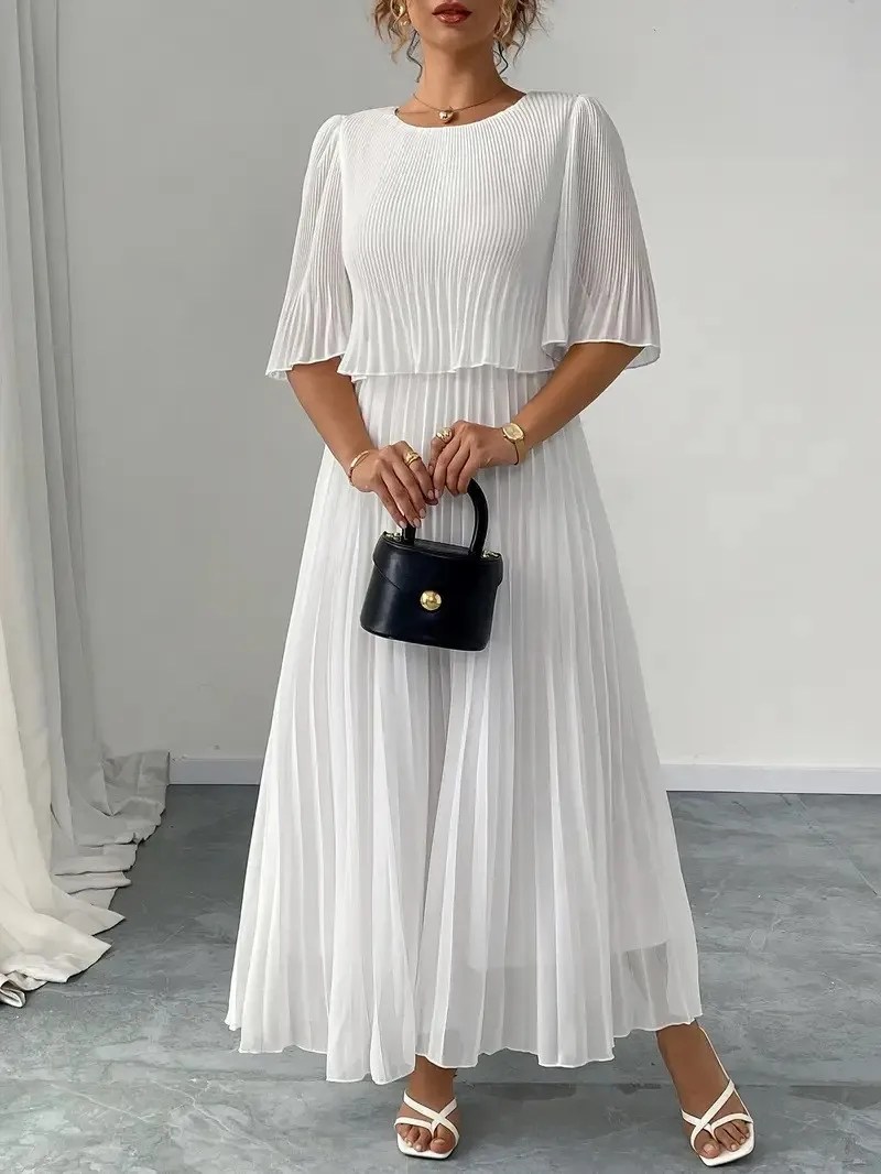 Summer Women's Clothing Sheer Chiffon A Line Dress Pleated Long Sleeve Solid Color Casual Two Matching Set