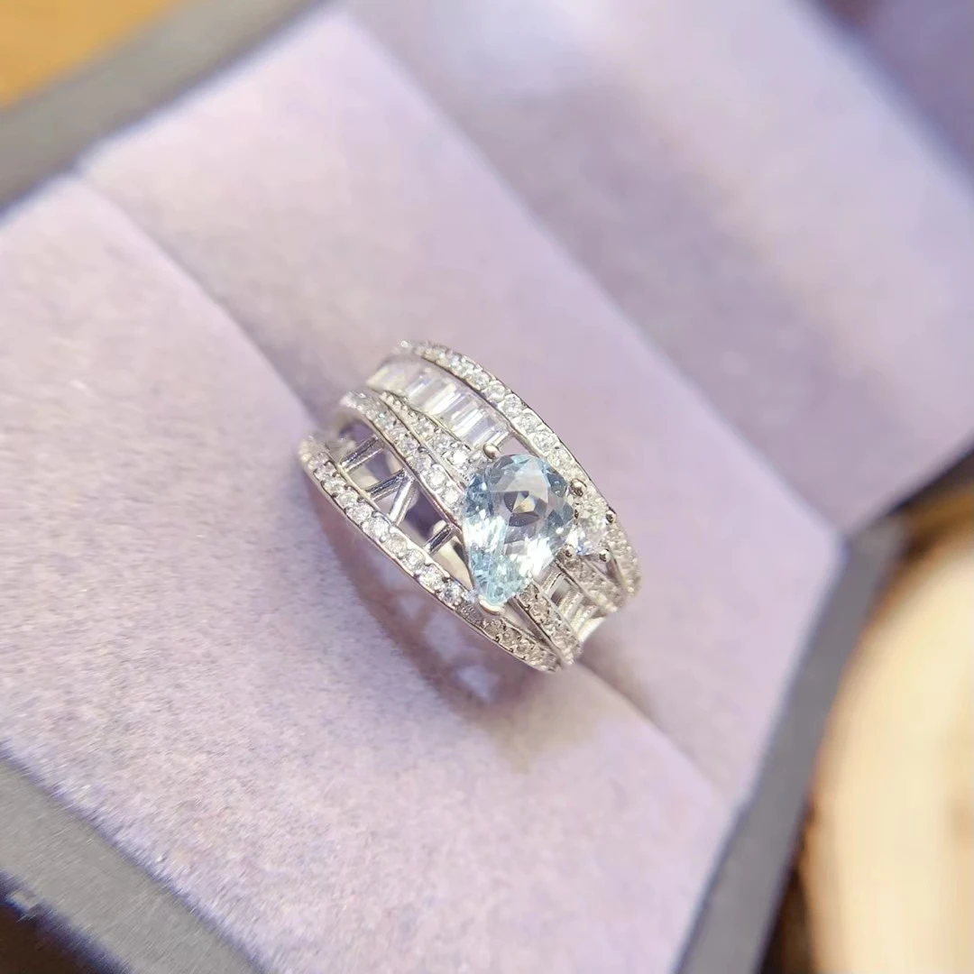 KJJEAXCMY bague aigue-marine naturelle argent S925, processus de couleur de verrouillage électrolytique, haute clarté pleine de lustre Test de Support