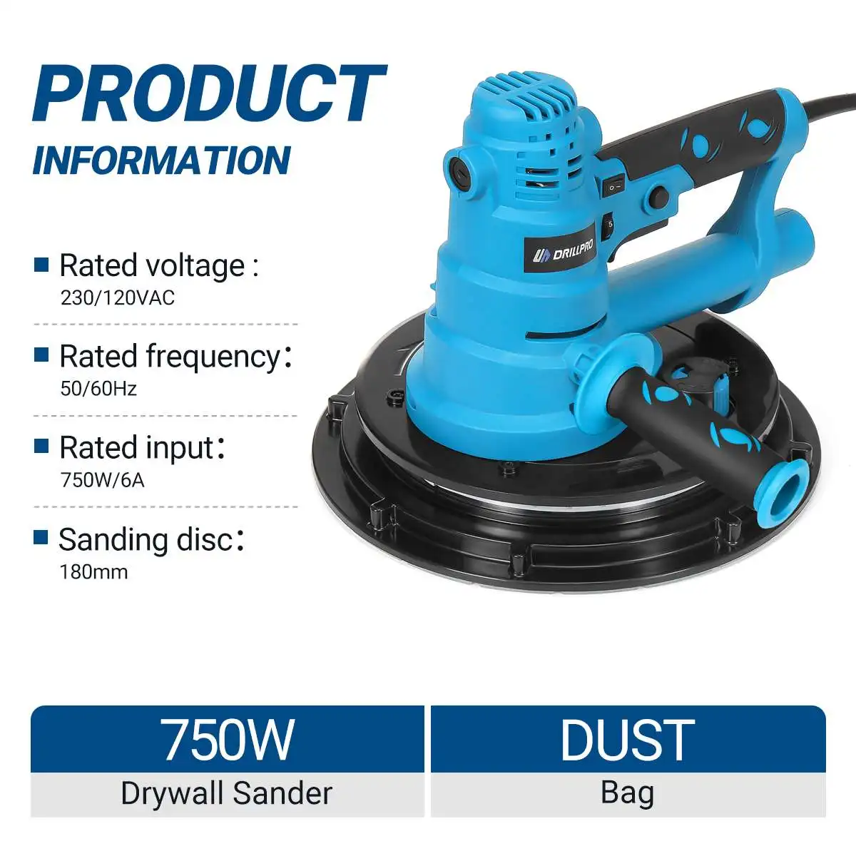 Drillpro 750W Drywall Sander with Vacuum Compact 230V Wall Polishing Machine Grinding Portable Led Light Wall Polisher Machine