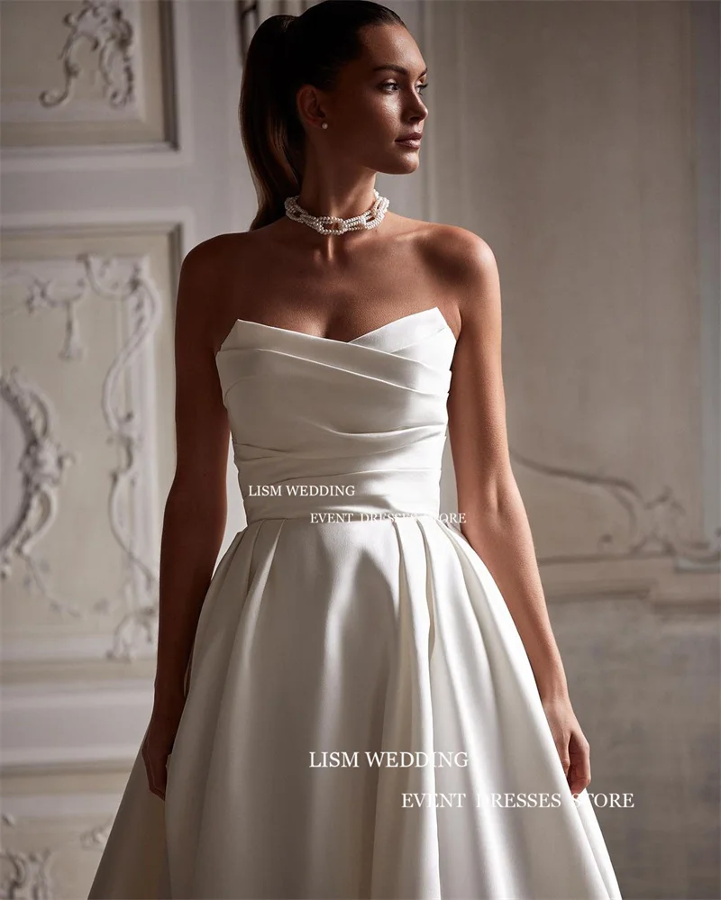 LISM-Vestido de novia de satén con tirantes finos, elegante Vestido de novia de línea A, cuello cuadrado, sin mangas, hecho A medida