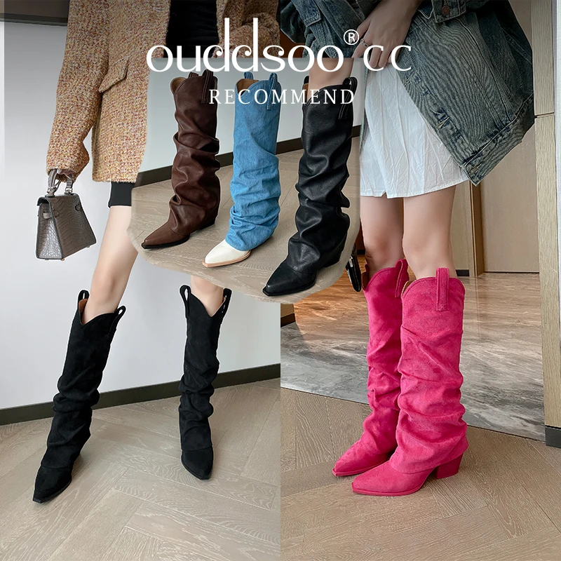 

Ods Red Suede Chelsea Boots 7cm Square Heel Pointed Pleated Mid Length Boots Cowboy Skirt Yellow Calf Boots 35-43 Shoes Big Size