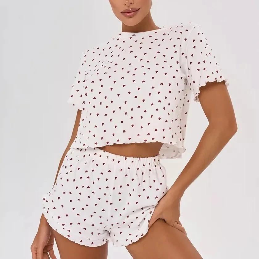 

Women's 100% Cotton Pajama Set Heart Print Short Sleeve Crop Top & Lounge Shorts Two Piece Home Holiday Clothes Sleepwear Female