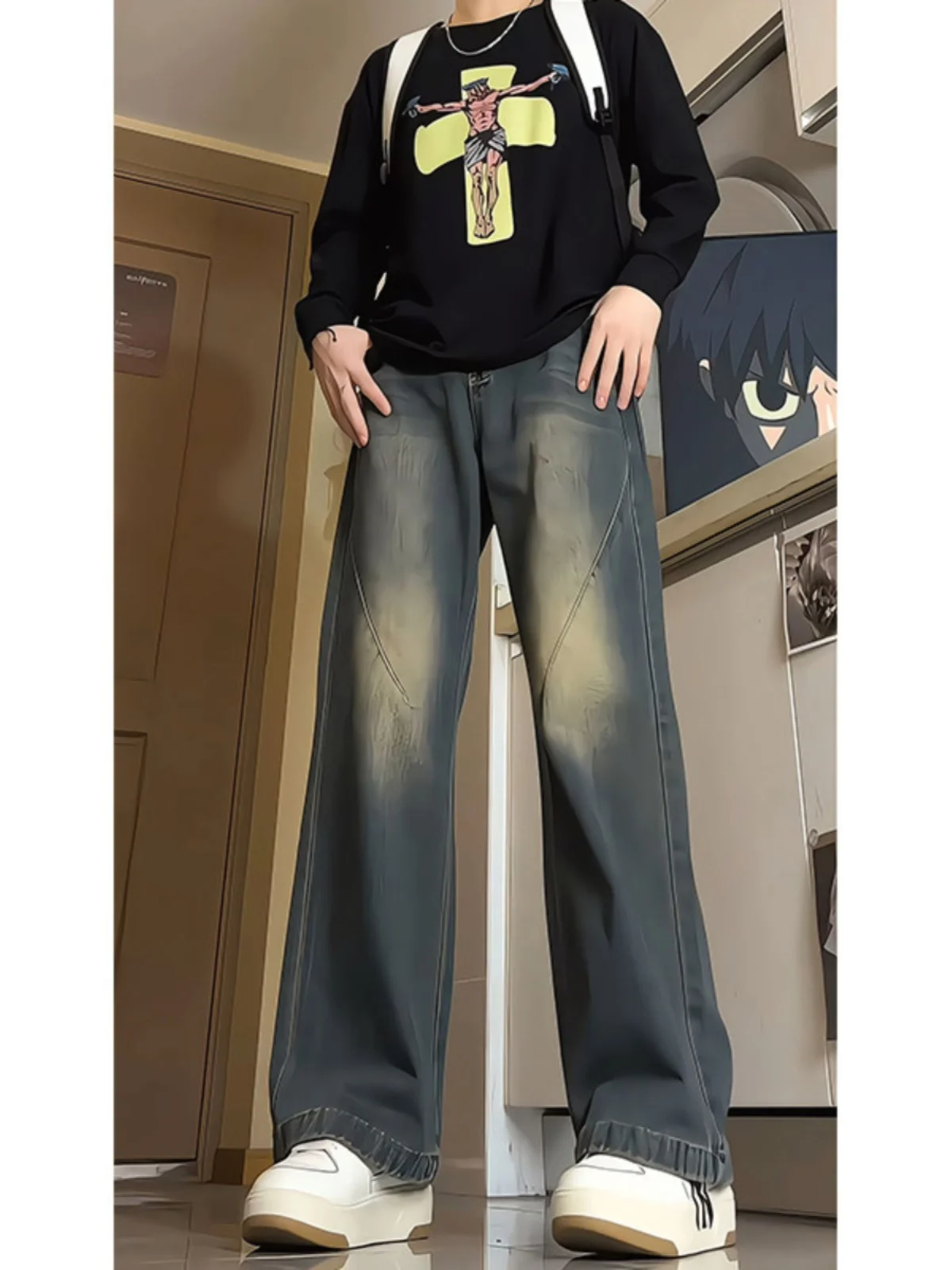 

Extended Size Fce Lined Bootcut Jeans Loose Fit Straight Leg Men's Denim Pants American Retro Blue Youth Trend Winter Wear