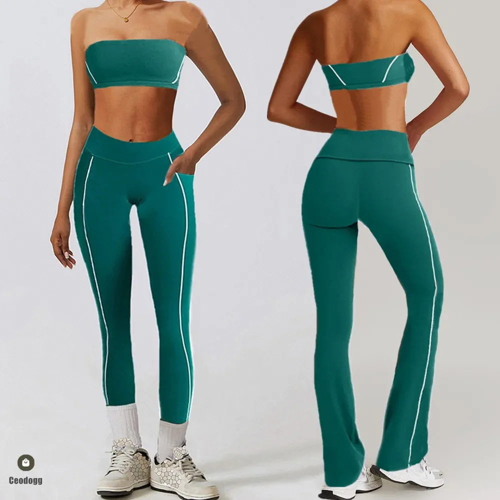 1/2PCS Women Gym Yoga Suit Tight Fitting Sports Set Workout Breathable T Shirts Bra Short Sleeve Crop Top Bell-bottoms Leggings