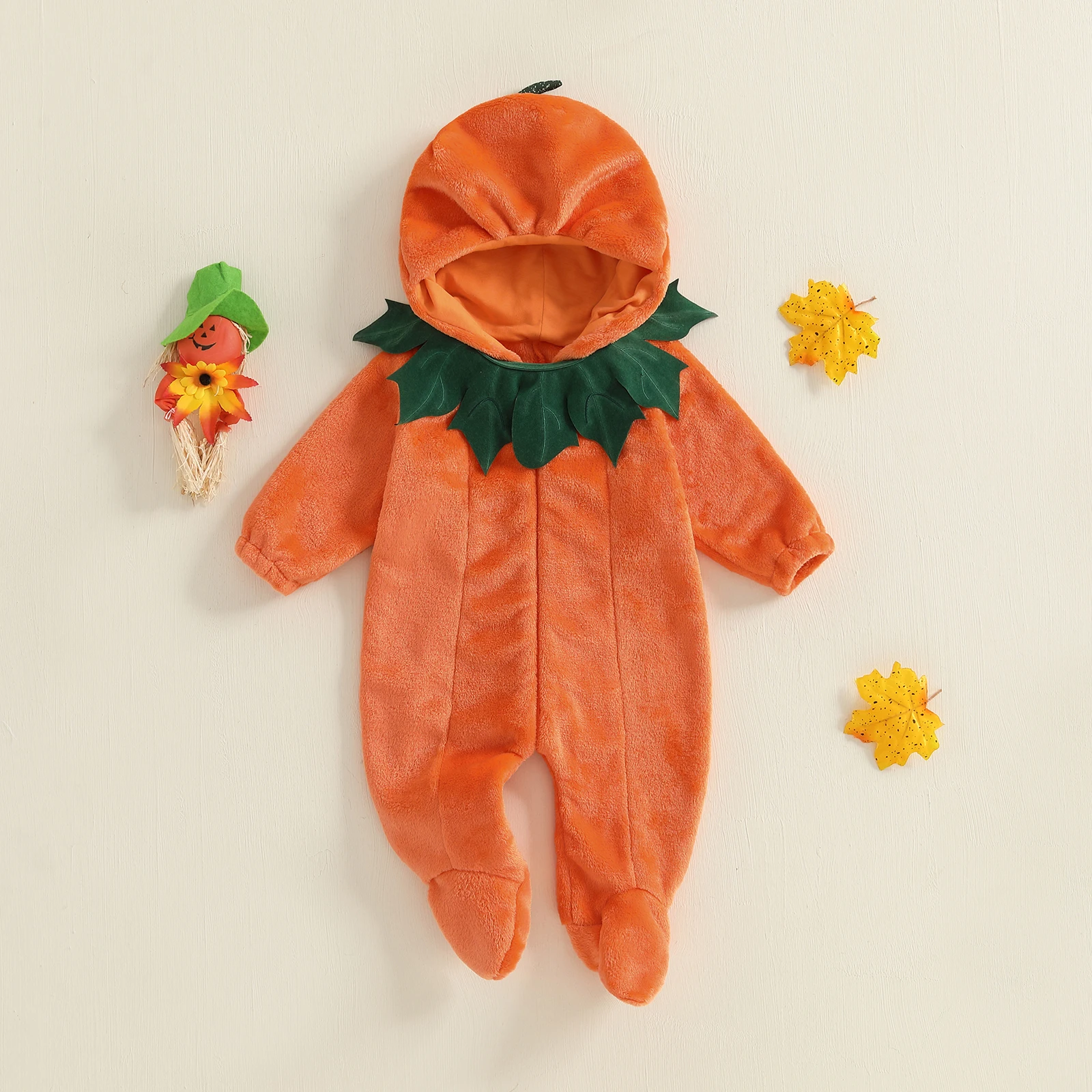 

VISgogo 0-18 Months Baby Boys and Girls Halloween Romper Cute Zipper Long Sleeve Hooded Pumpkin Costume for Fall
