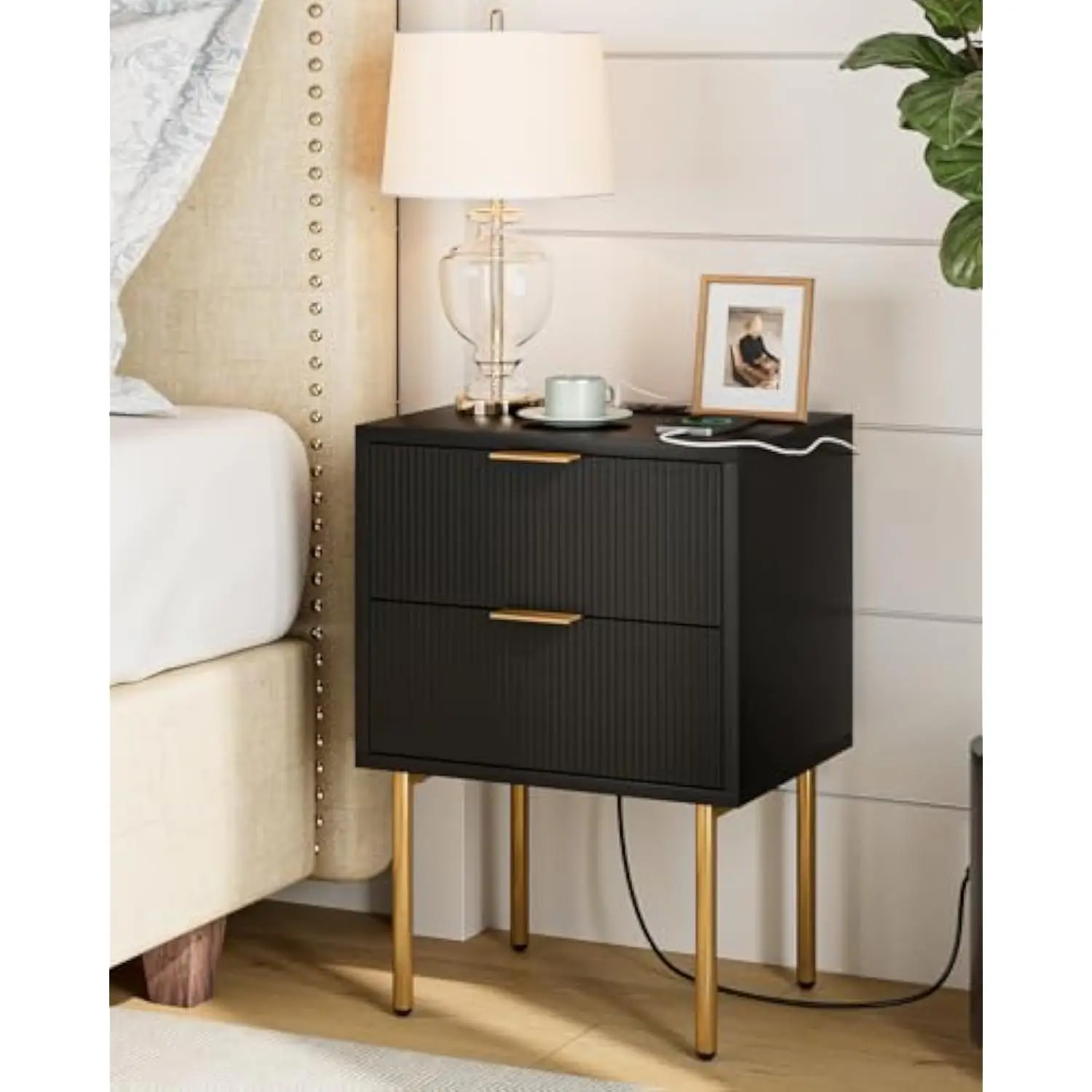 

Nightstand with Charging Station, Mid-Century Modern Bedside Table with 2 Storage Drawer, Small Gold Frame Side End Table for Be