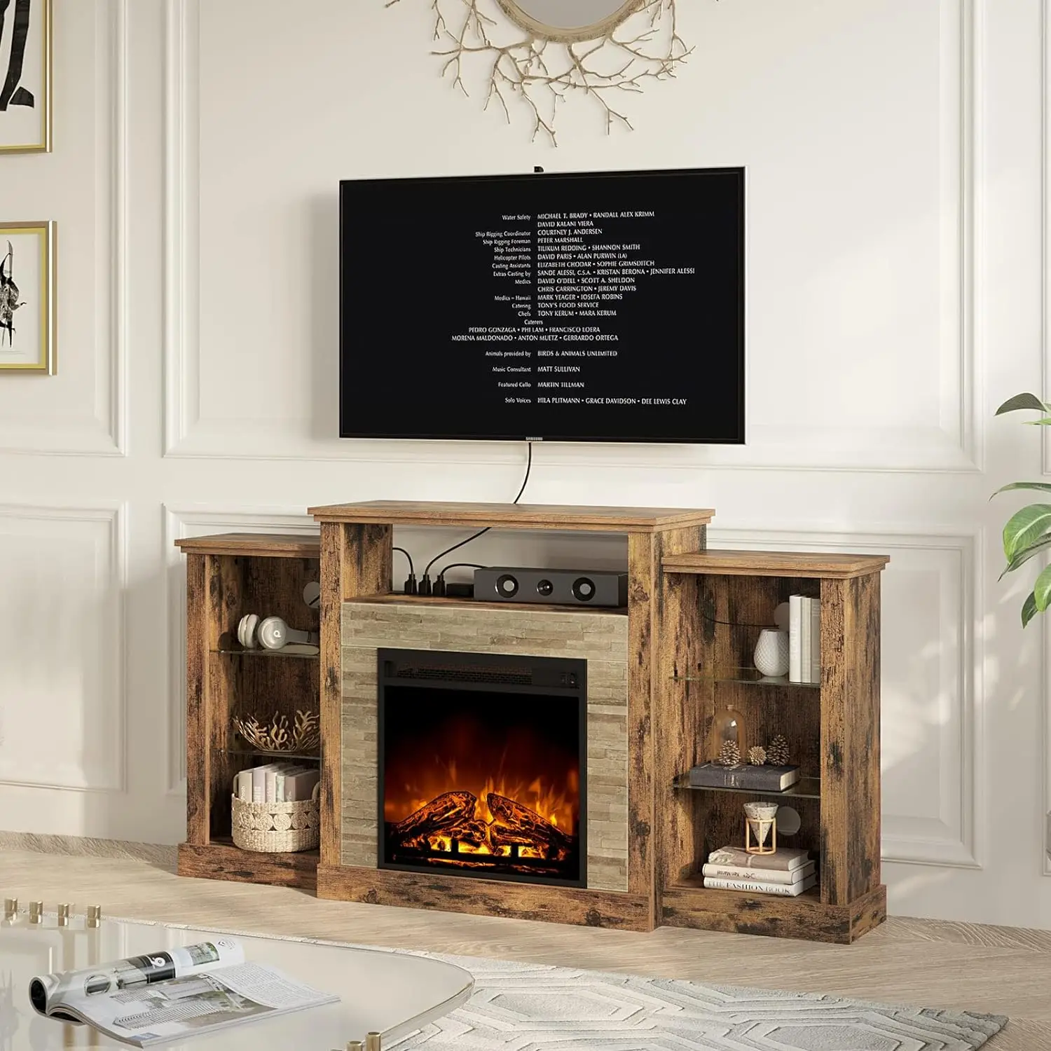 Rolanstar Fireplace TV Stand with Led Lights and Power Outlets,for TVs up to 65