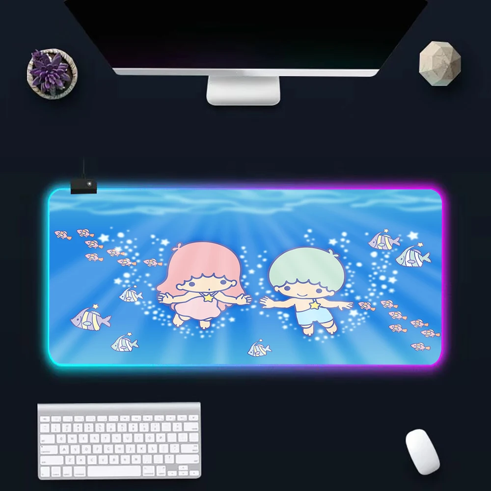 Cartoon Little Twin Stars RGB Pc Gamer Keyboard Mouse Pad Mousepad LED Glowing Mouse Mats Rubber Gaming Computer Mausepad