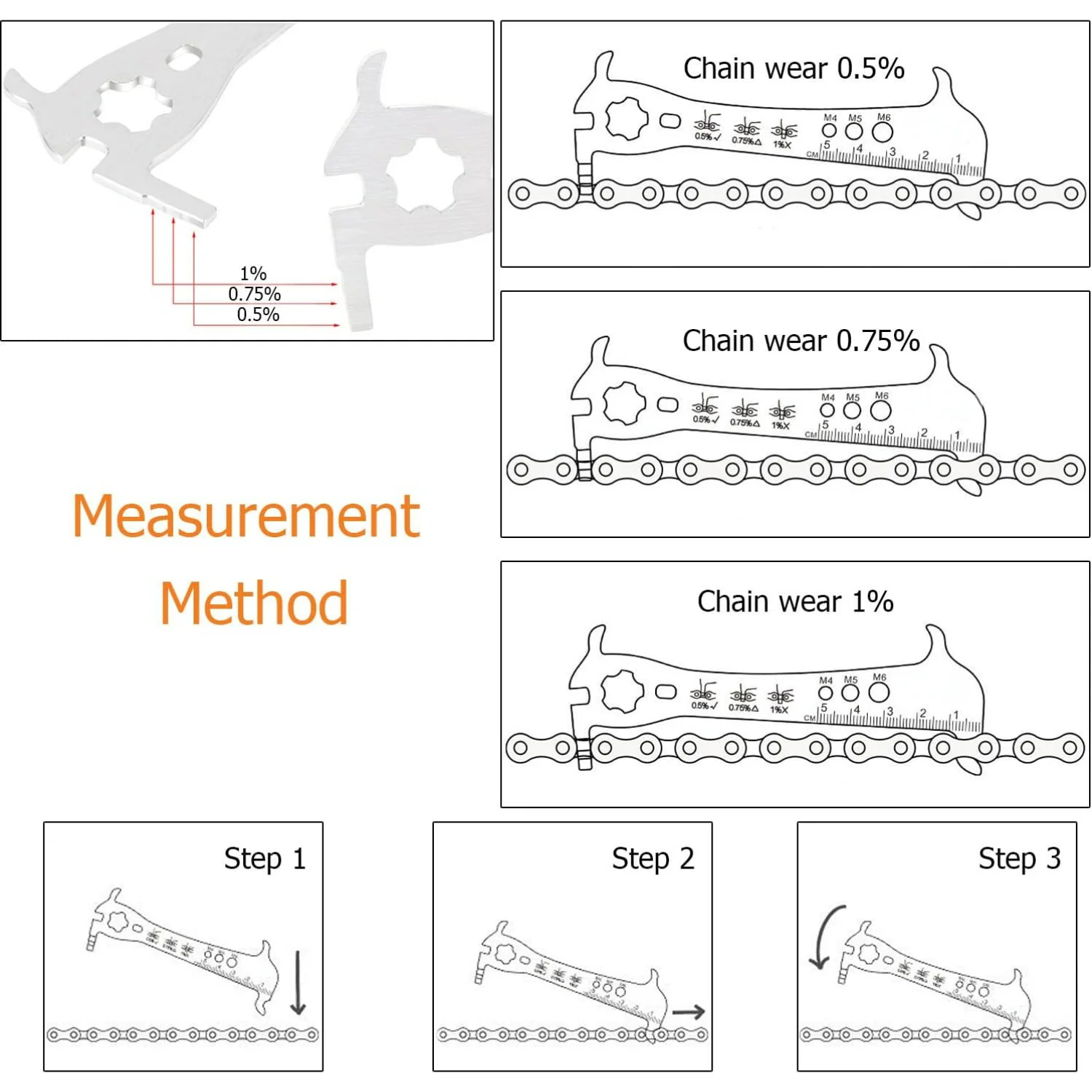 Bicycle Chain Checker - Chain Wear Indicator, Stainless Steel Bike Link Plier Chain Measuring Ruler Tool Bike Parts Repair Kit f