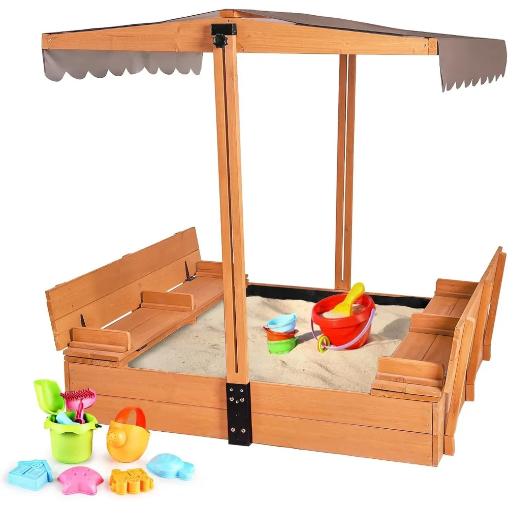 Kids Sand Boxes with Canopy Sandboxes with Covers Foldable Bench Seats, Children Outdoor Wooden Playset - Retractable Roof