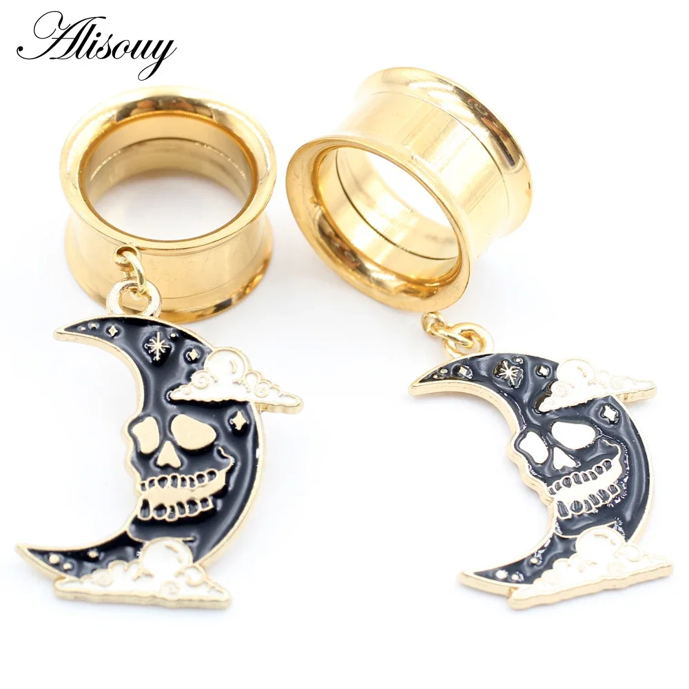 Alisouy 2PCS Moon Cloud Skull Dangle Stainless Steel Flared Ear Plugs Tunnels Expander Stretcher Gauges Piercing Body Jewelry