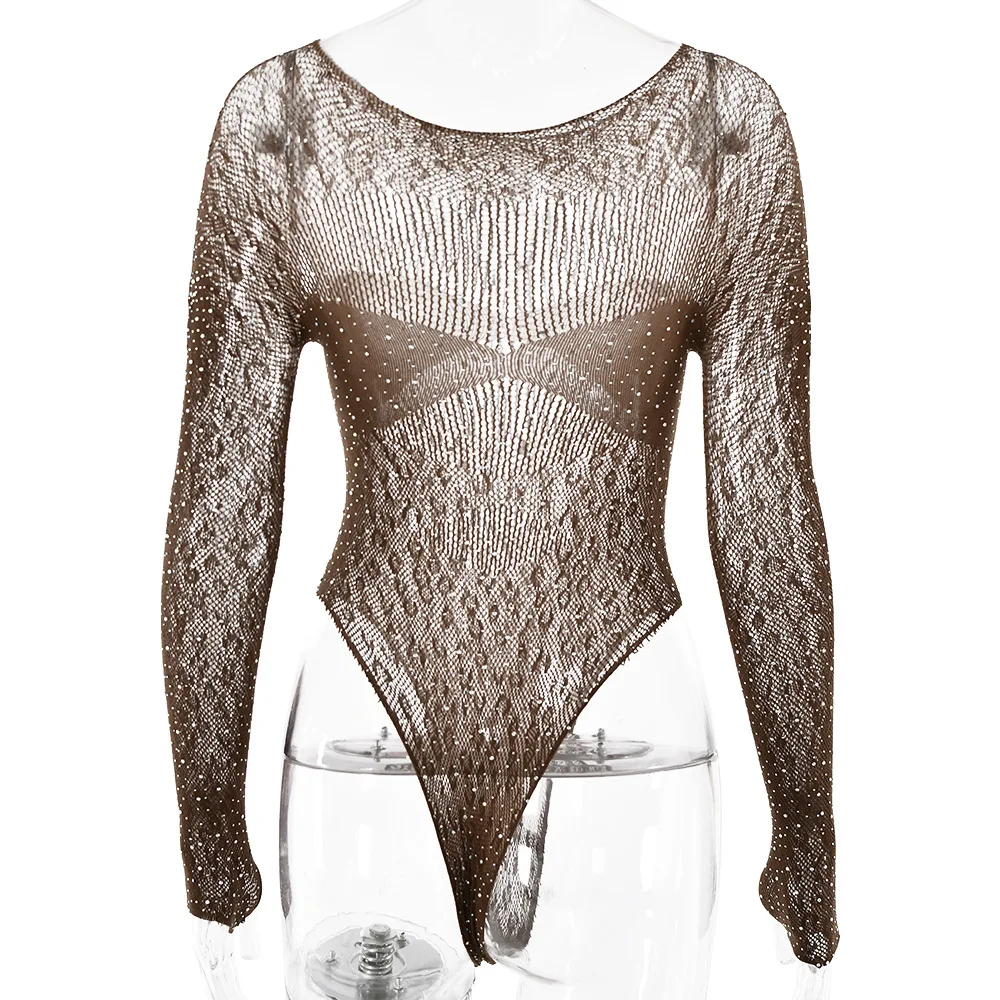 Damen Slim Fit Transparenter Langarm-Romper, Glänzender Strass-T-Shirt-Bodysuit, Party-Club-Overall mit Ausschnitten – Detail 7