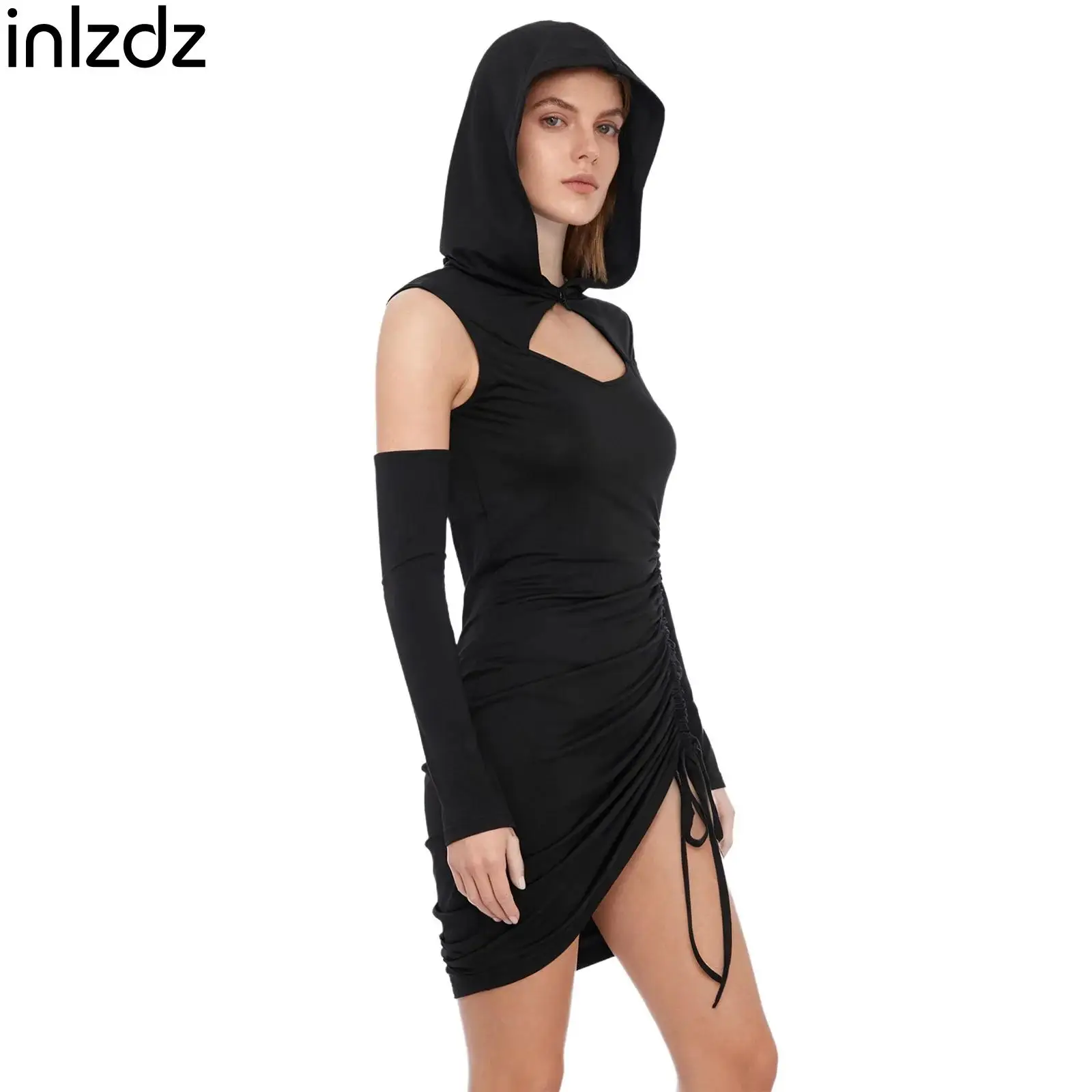 

New Goth Dark Streetwear for Womens Gothic Hoodie Vintage Medieval Steampunk Costume Cyber Y2K Sleeveless Dress Oversleeves Set