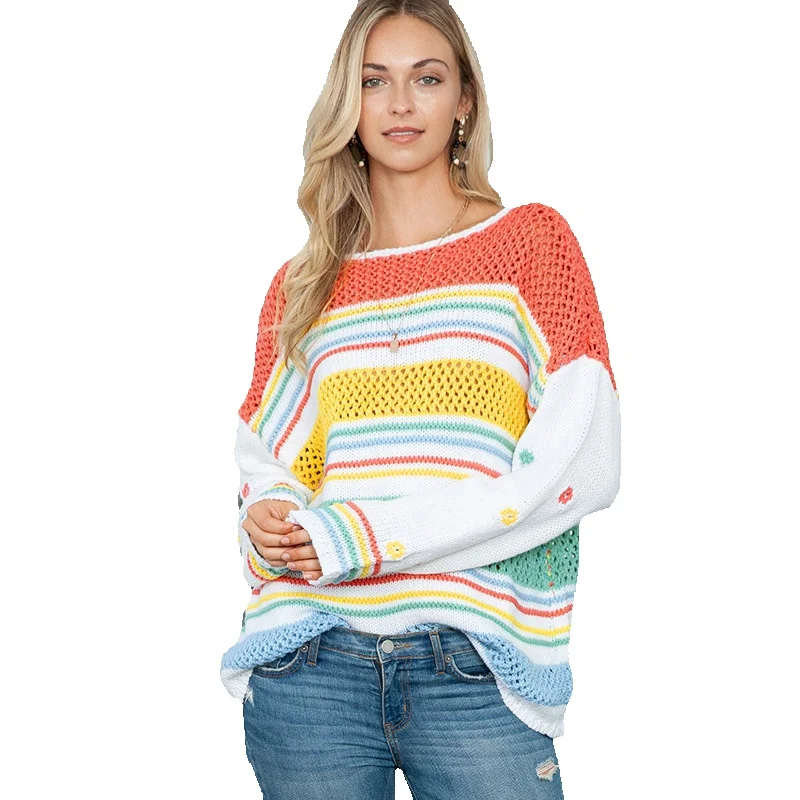 

2023 Winter New Rainbow Stripe Pullover Sweater For Women Fashion Dopamine Contrast Round Neck Knit