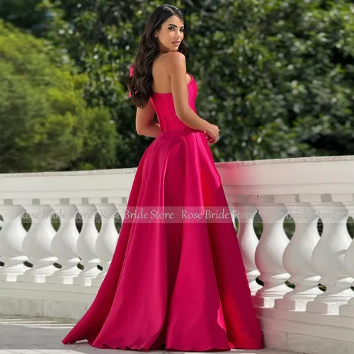 Imagen 2 del producto Vestidos de Noche elegantes de satén rosa intenso con un hombro y lazo, vestidos de invitados de boda para mujer, vestido de fiesta Formal sencillo largo 2025