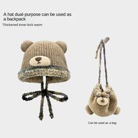 New Cute Bear Beanie Hat Can Be Used As Bag Warm Bucket Hat Thickened Wool Knitted Cap