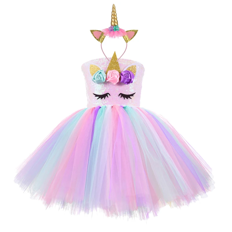 فستان الأميرة للفتيات على شكل وحيد القرن توتو ملابس على شكل زهرة الباستيل فساتين حفلات أعياد الميلاد للفتيات الصغيرات من التول للأطفال أزياء الهالوين التأثيرية