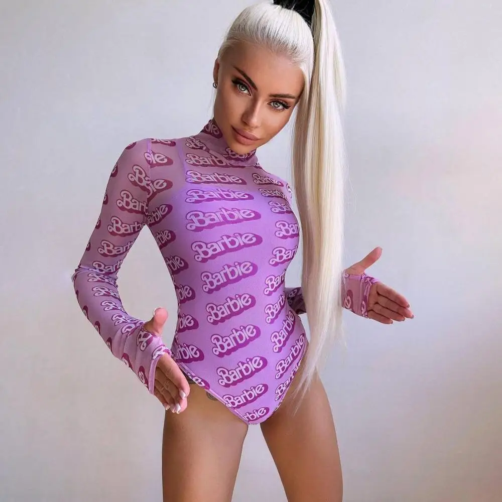 Barbie Sexy Women Bodysuit Long Sleeve Letter Print 1-Piece Leotard Tops Slim Fit Jumpsuit European American Spicy Girls Clothes