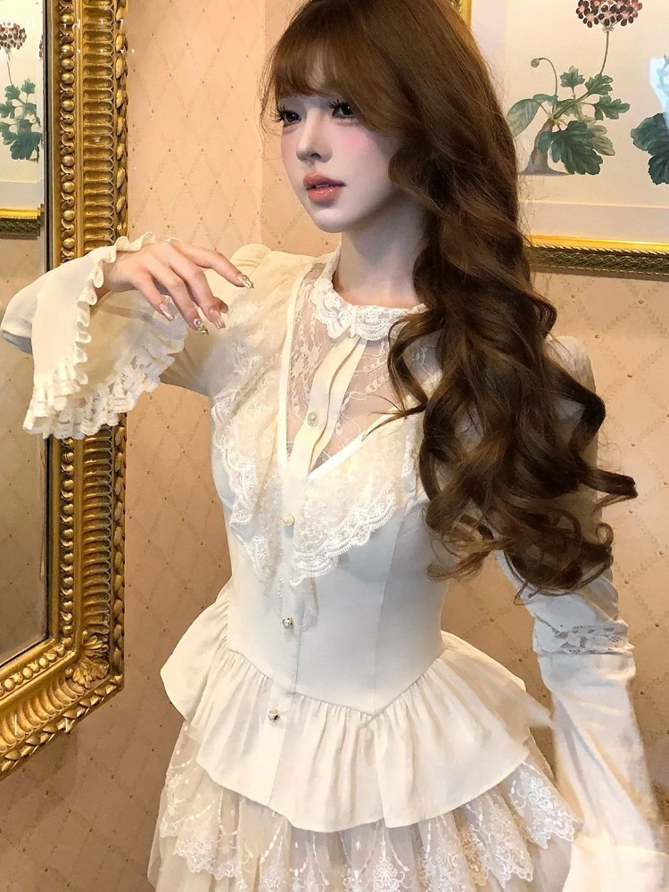 Conjunto Retro elegante francés de dos piezas para mujer, Tops adorables de manga larga + falda de pastel elegante, nuevo diseño, trajes Vintage encantadores, otoño 2025