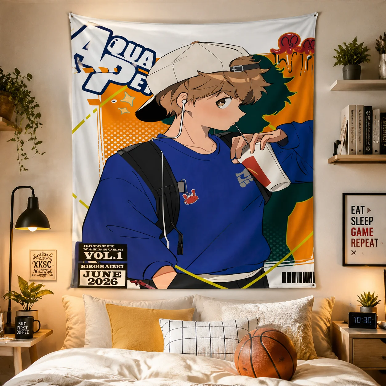 Ganbare Nakamura-kun Street Magazine Style Tapestry, Casual Sporty Anime Boy Wall Hanging for Bedroom Dorm Gaming Room Otaku