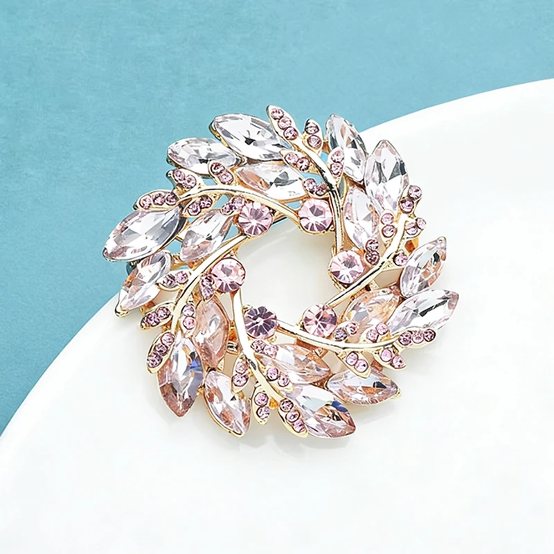 Wuli&baby Classical Olive Branch Circle Brooches For Women Crystal Round Flowers Party Office Brooch Pins Gifts