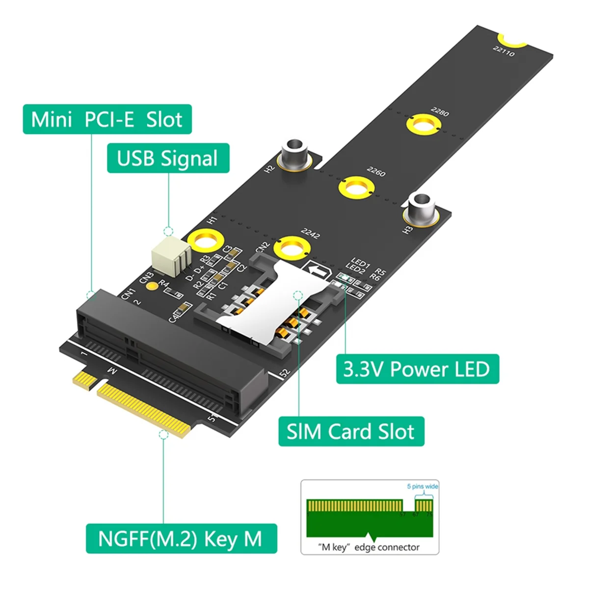 Adaptador Mini PCI-E a M.2(NGFF) Key M con ranura para tarjeta SIM para módulo WiFi/WWAN/LTE