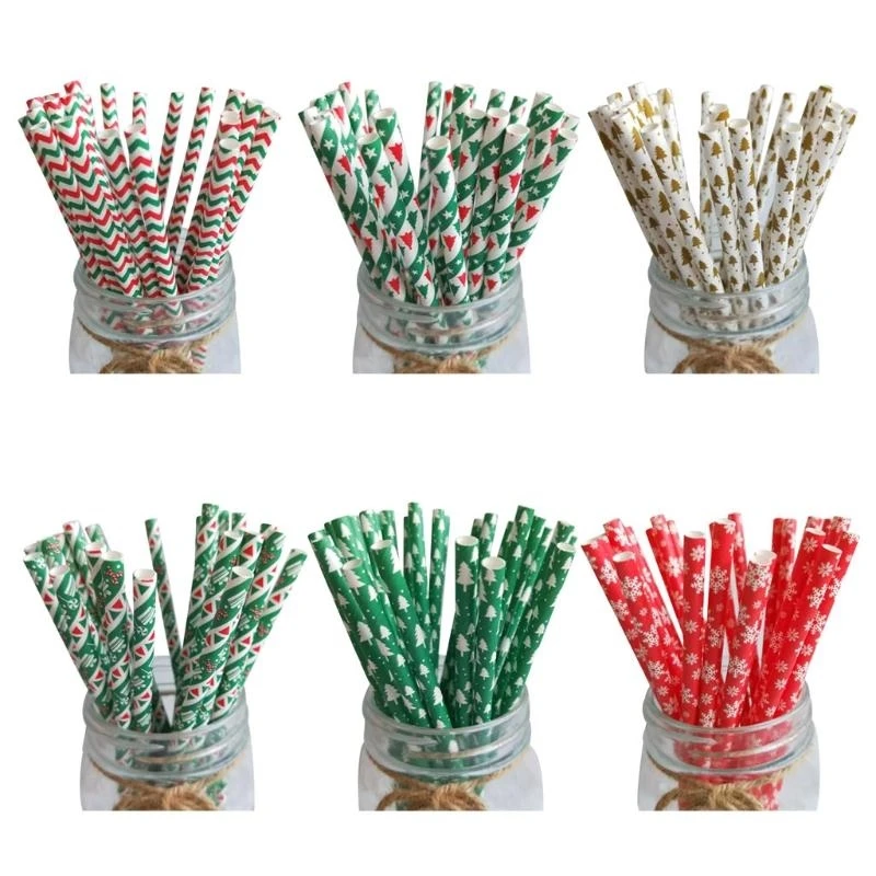 QX2E 25pcs Christmas Paper Straws Biodegradable Drinking Straw Tree Snowflake Straw