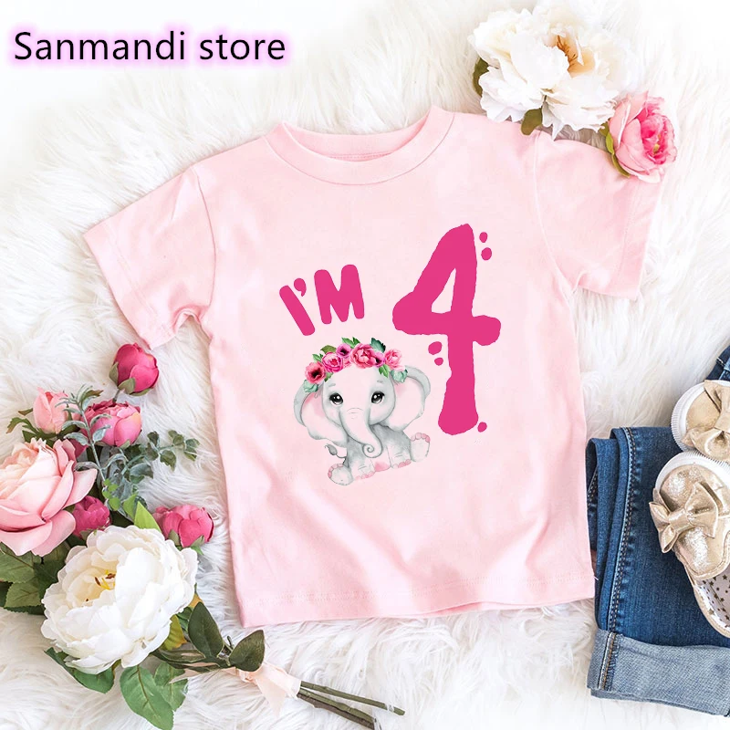 New I'M 2th/3th/4th/5th Birthday Gift Tshirt Tops for Girls Kids Clothes Cute Elephant Graphic Print T Shirt Children Clothing