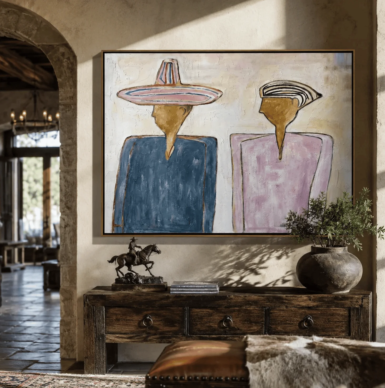 Two Silhouettes Hold Space – Blue Pink Figures Painting Modern Figurative Horizontal Wall Art Canvas Prints Posters Home Decor