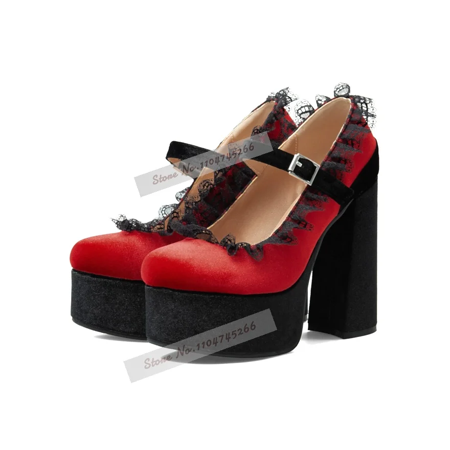 Red Velvet Black Lace Flowers Ruffle Chunky Heel Shoes High Platform Air Mesh Floral Embroidered Wedding Pumps Buckle Strap