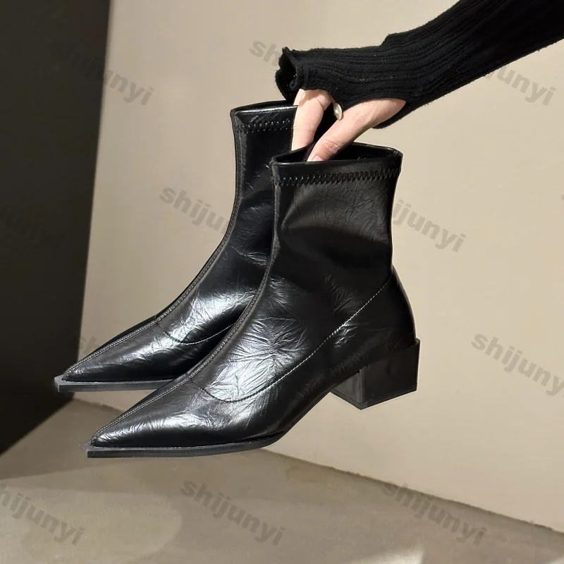 

Women Pointed Ankle Boots Mid Heels Pointed Leather Sexy Chelsea Boots Trend Design Winter New Pumps Designer Short Botas Mujer