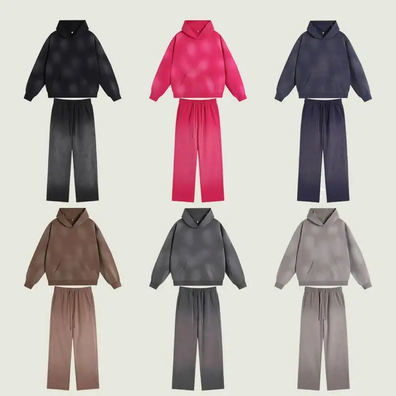 Washed Male Women Set Sweatshirt Sweatpants Splash-ink White Spray Dye Velvet Hoodies Autumn Spring New Trendy Male Wear