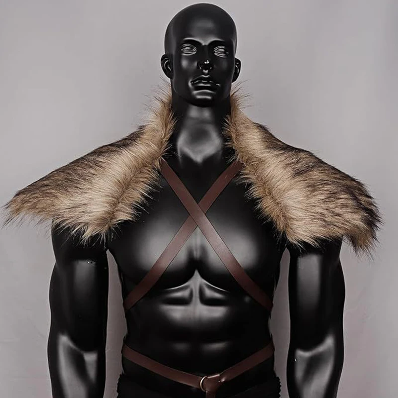 New Medieval Faux Fur Collar Shawl With Strap King Warrior Cloak Shoulder Wrap Cape Men Halloween Cosplay Costume Accessories