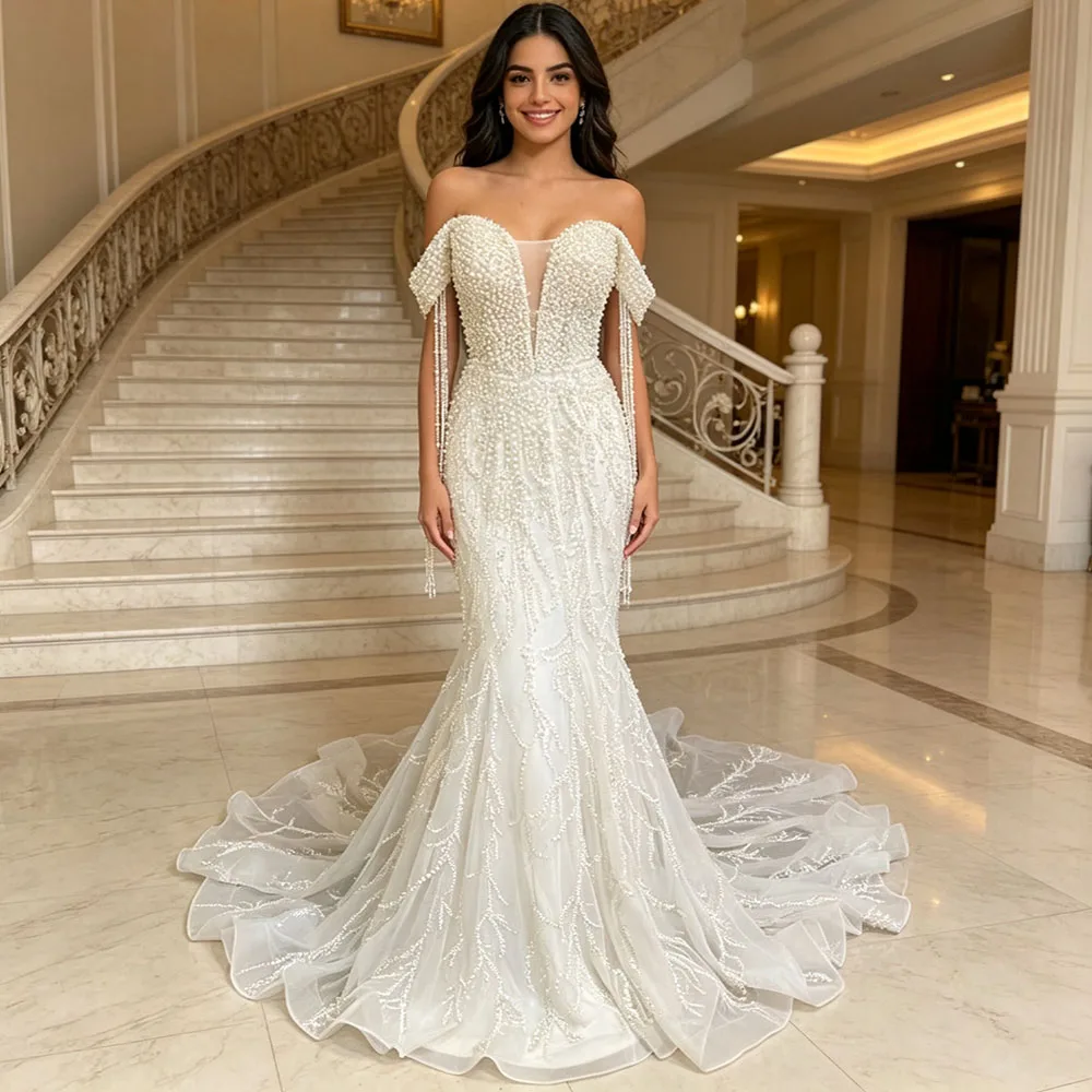 Sexy Sweetheart Off Shoulder Lace Up Back Wedding Dress Beading Tassel Vestidos De Noiva Casamento Customized