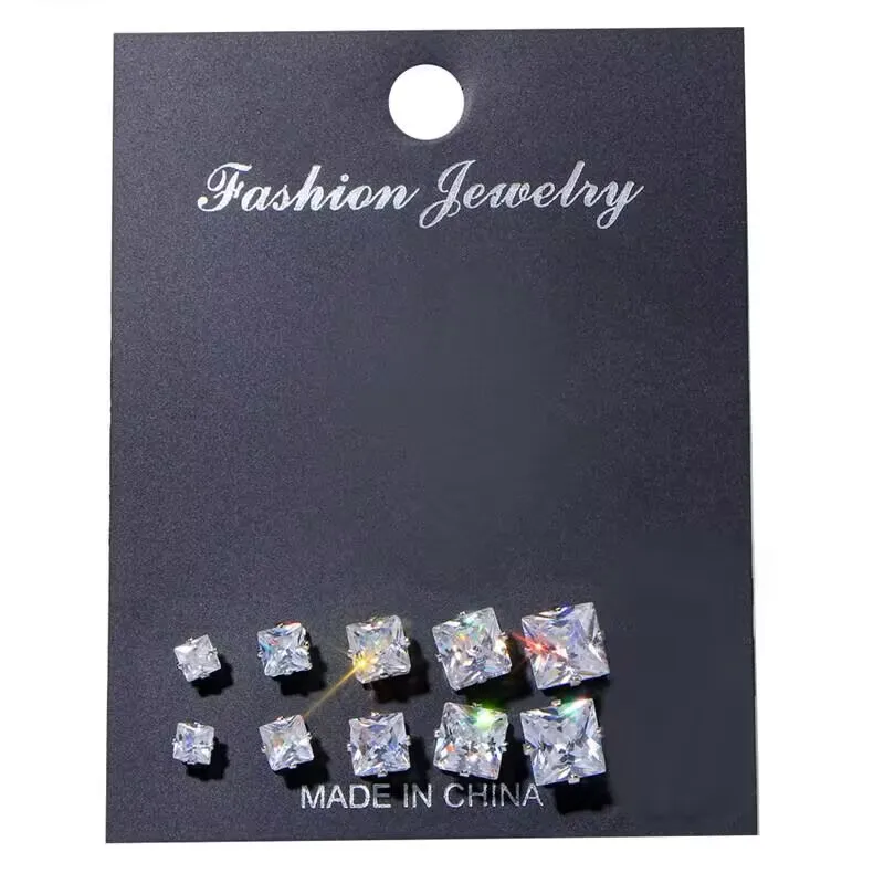 5 Pair/lot Square Shiny Wedding Stud Earrings Set for Women Men Crystal Jewelry Ear Studs Accessories Earring Jewelry Gift