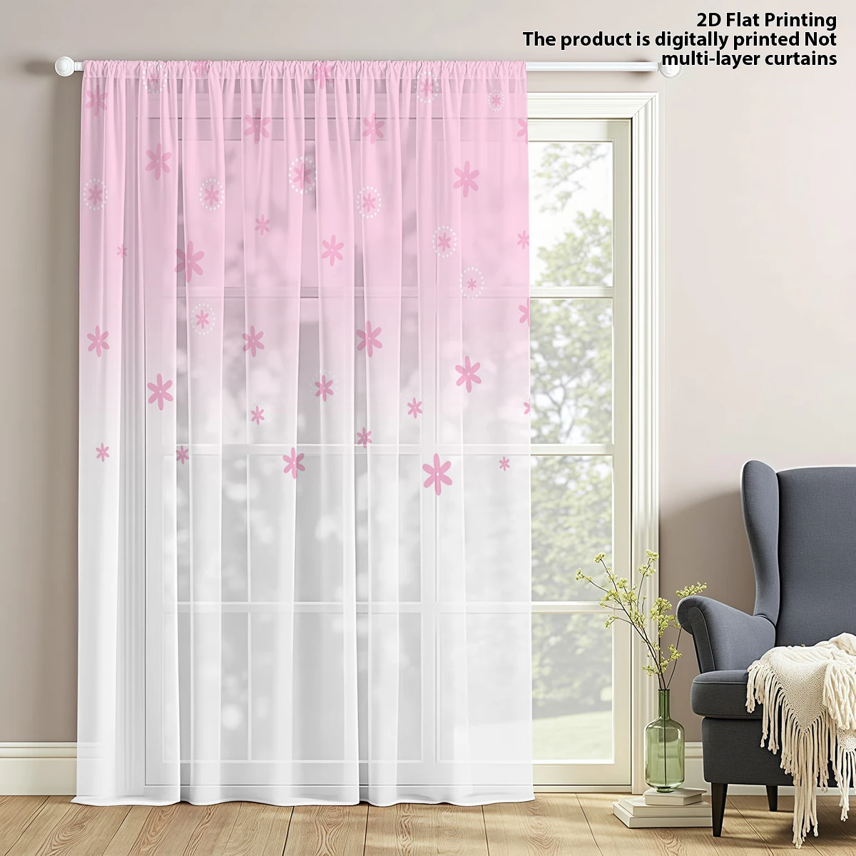 1 PC Pink Floral Gradient Print，Mother's Day 70% Light Filtering Privacy Sheer Curtain for Living Room Bedroom Study, Removable