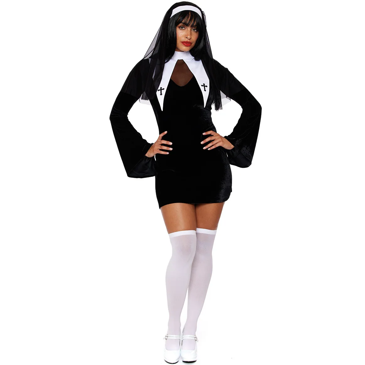 Women's Nun Cosplay Costume Traditional Religious Colthes Halloween Role Play Fancy Dress Long Sleeved Black Velvet Dresses