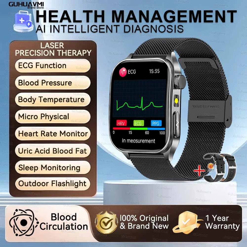 2026 Nieuwe Gezondheid Smart Horloge Laser Therapie Verminderen Drie Hoogtepunten Bloed Zuurstof Druk Urinezuur Bloed Lipide ECG Smartwatch Voor Man