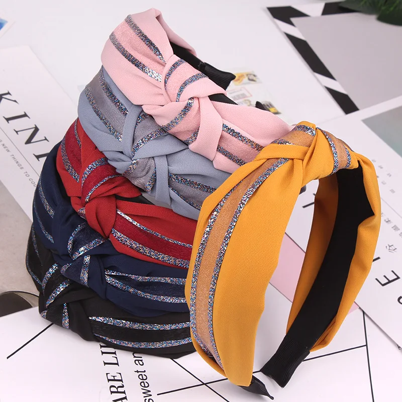 عصابة رأس جديدة من الحرير الذهبي بلون سادة معقودة متقاطعة من كوريا الجنوبية، سلسلة موري النسائية متعددة الاستخدامات