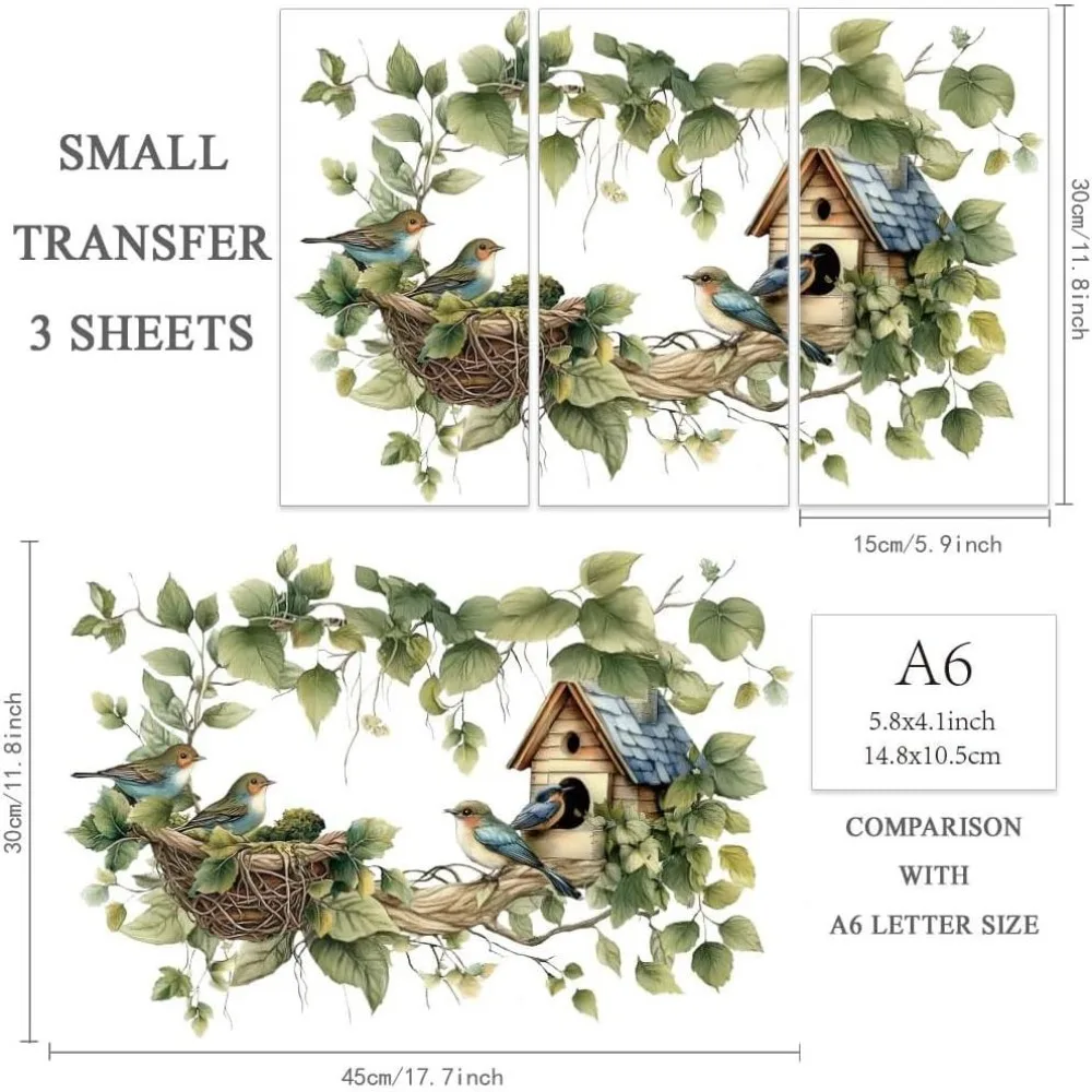 3-Pack Bird Branches Rub-On Transfers 6x12 Inch Bird Nest Decals for Wood Furniture Home Decor
