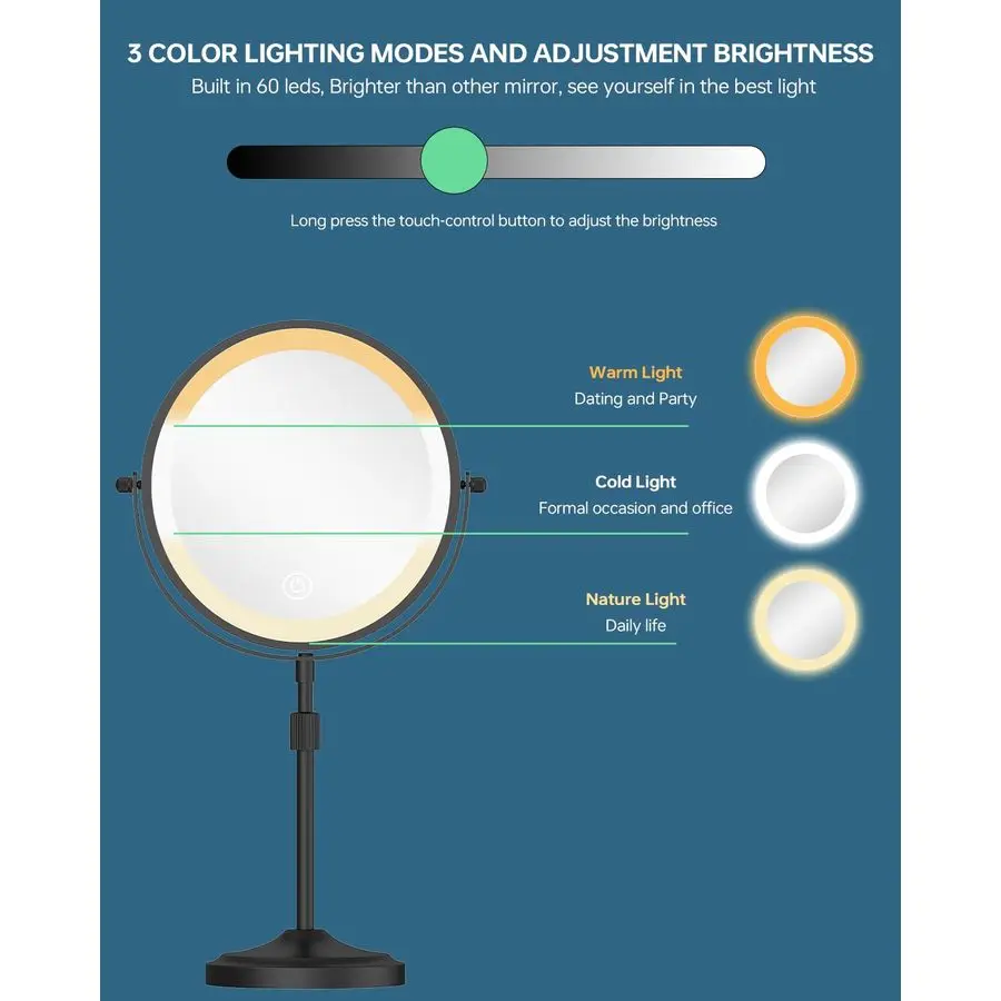 Lighted Makeup Mirror with 1X 10x Magnification, 5000mAh Rechargeable Led Magnifying Vanity mirror with lights, 3 Lighting Color