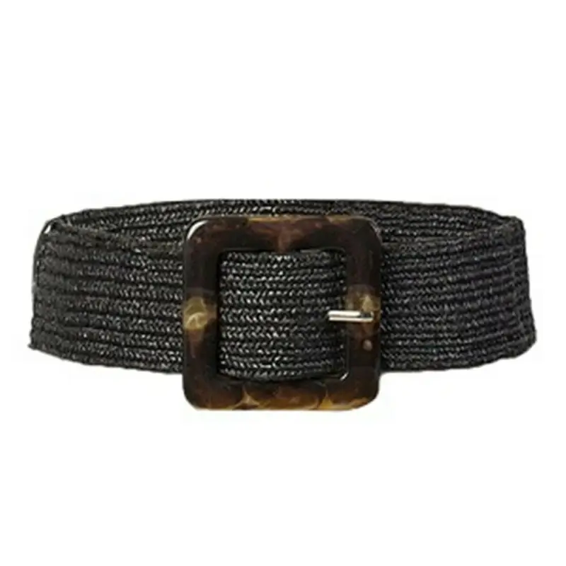 Women Belt Straw Casual Ultra Wide Belt Female Woven Vintage Carved Wood Buckle Elastic Belt Decoration Dress Shirt Waist Seal