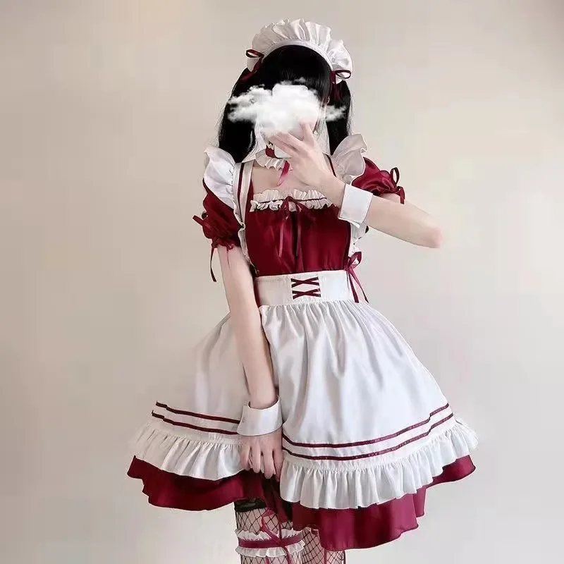 Słodka śliczna czerwona sukienka Lolita seksowny strój pokojówki kostium Cosplay na Halloween kobiety japonia sługa Lolita sukienka Babydoll jednolity garnitur