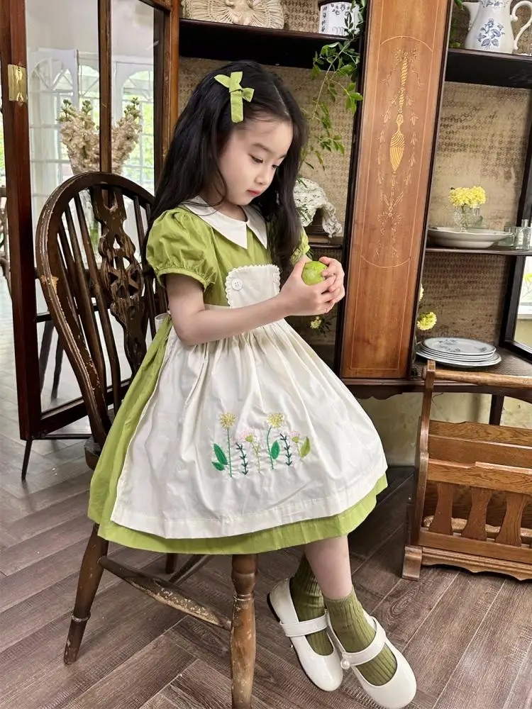 2024-summer-embroidered-patchwork-lace-up-girls-dress-lapel-princess-dresses-mori-girl-style-green-short-sleeves-kids-clothing