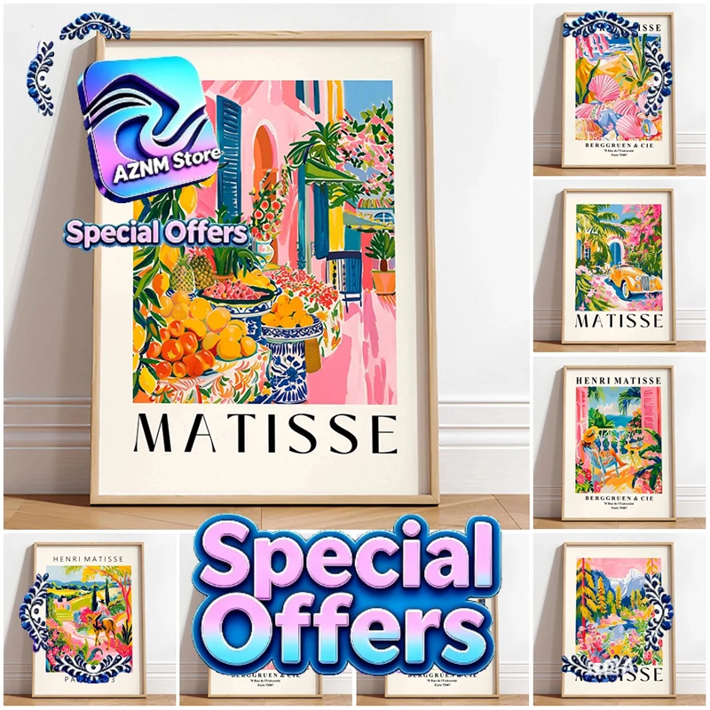 Póster de casa de playa, impresiones maximalistas rosas, pintura en lienzo, arte de pared de Matisse, imagen playera para decoración del hogar y baño