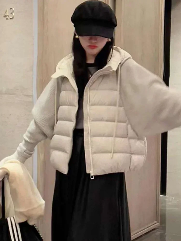 Women Down Coats Hooded Long Sleeve Knit Splice Solid Zipper Pockets Thick Warm Jackets Parkas High Street Winter 2024