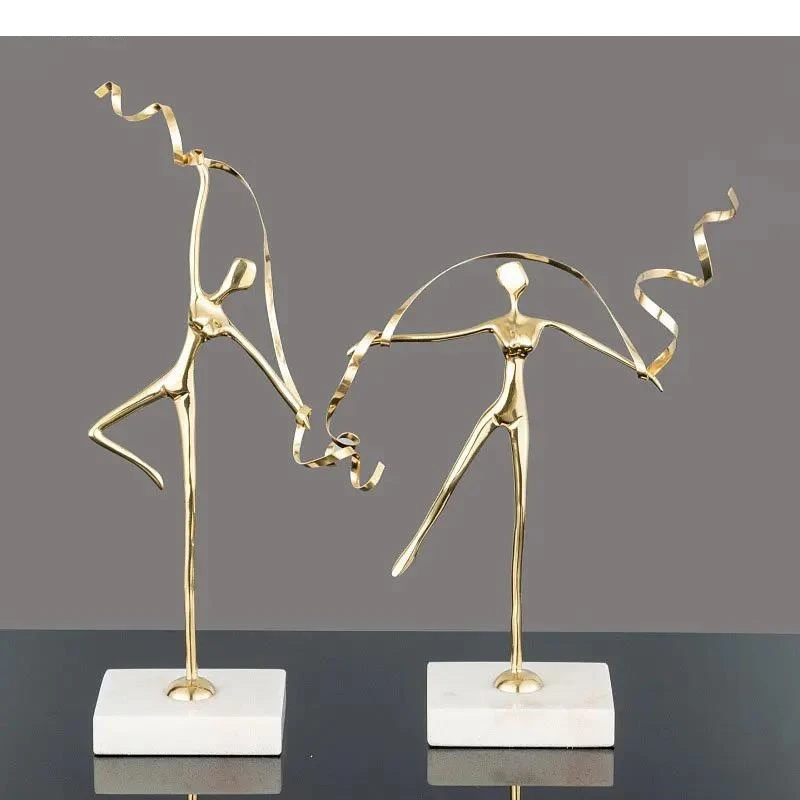 Brass Figures Statue  Ribbon Gymnast Marble Base Desk Decoration Ballet Dancer Abstract Character Sculpture Metal Figurine