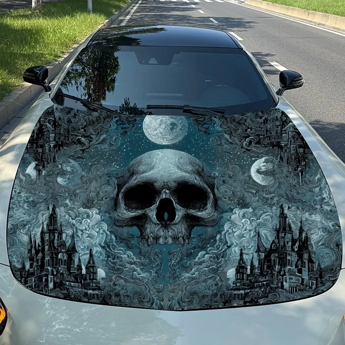 Skull Castle Car Hood Sticker PVC Self Waterproof Stick, Striking Auto Exterior Accessories Decor Protect Gift for Car Lover