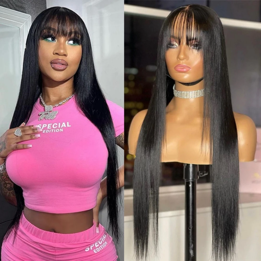 30 Inch Human Hair Glueless Wig Straight Hair Wigs With Bangs  100% Human Hair  3X1 Middle Part Lace Wig Wear And Go Glueless